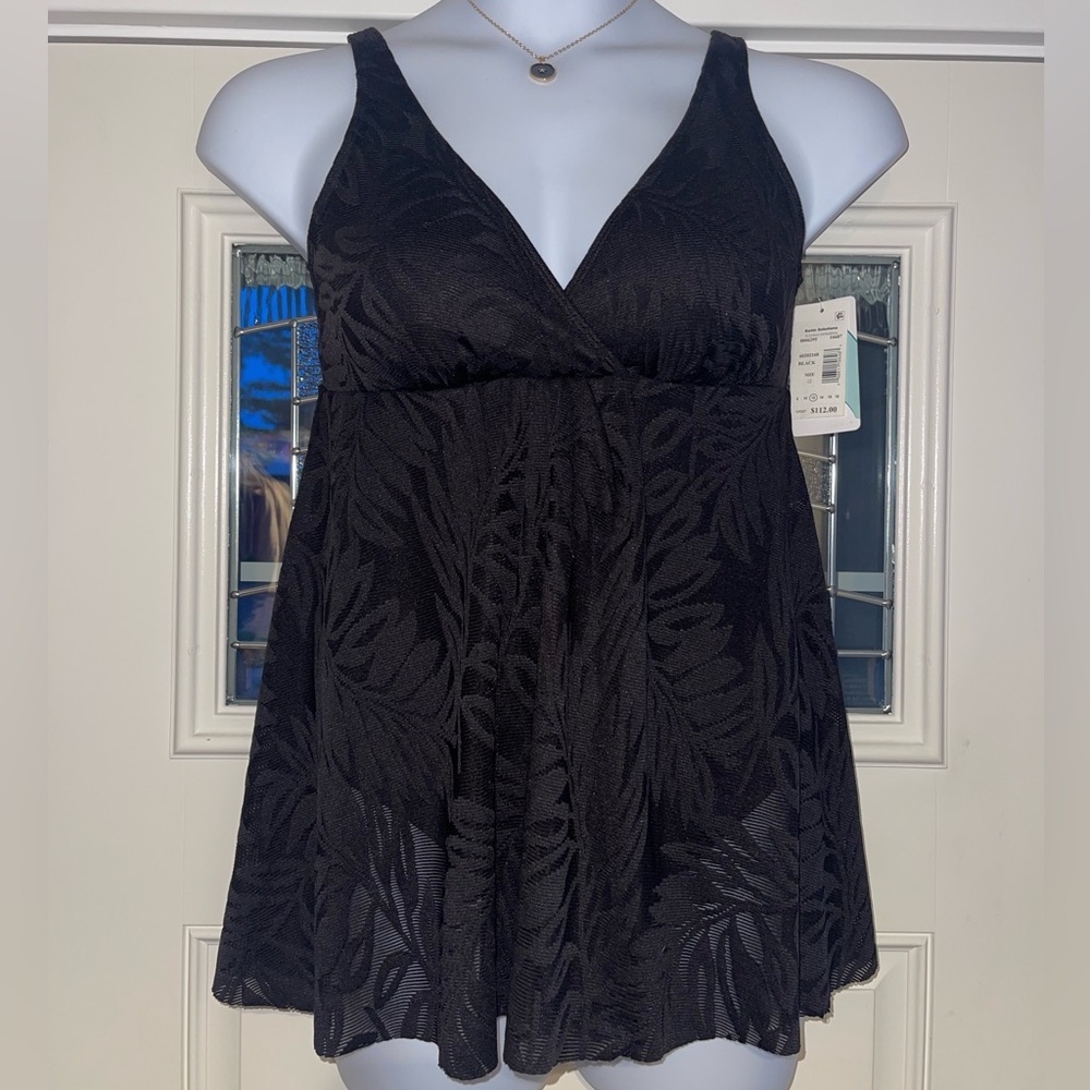 NEW Swim Solutions Women's Tummy-Control Flyaway Swimdress In Black Palm, Sz 12